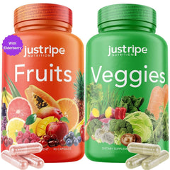 Just Ripe Nutrition fruits and veggies green bottle showing daily energy support