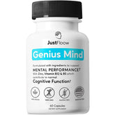 JustFloow Genius Mind bottle on desk for focused study sessions.