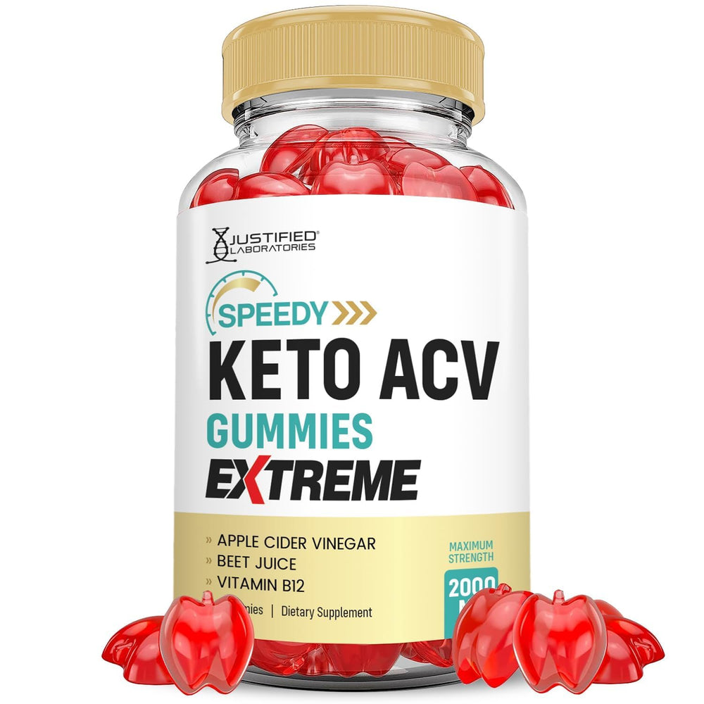 Justified Laboratories Speedy Keto ACV Gummies bottle on wooden surface, easy daily wellness support.
