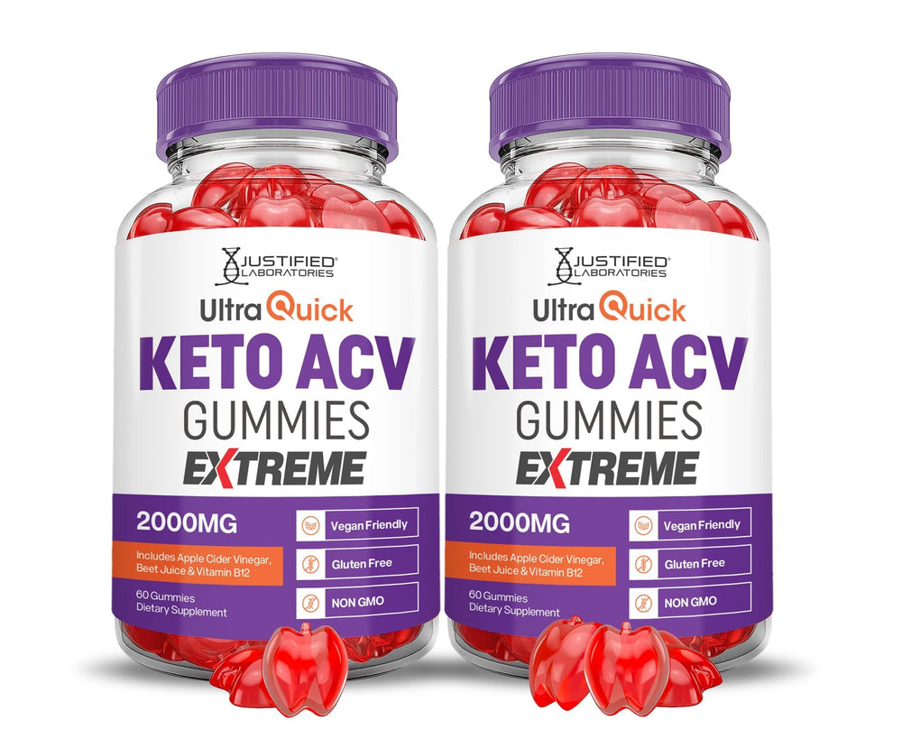 Justified Laboratories Ultra Quick Keto ACV Gummies bottle shows 2-pack for convenient daily use