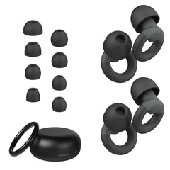 JUSTRVN earplugs packaging with two pairs and eight tip options for comfortable sleep protection.