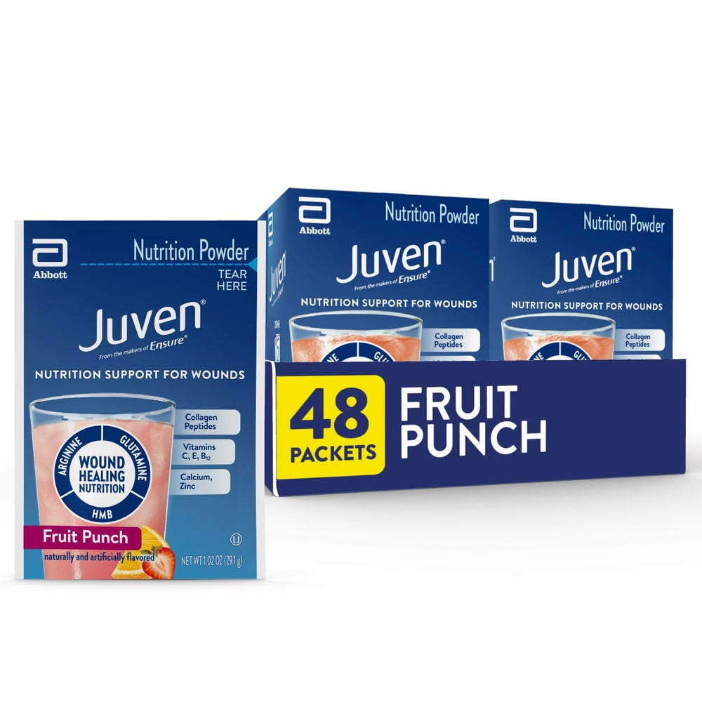 Juven therapeutic nutrition drink powder bottle highlighting wound healing support.