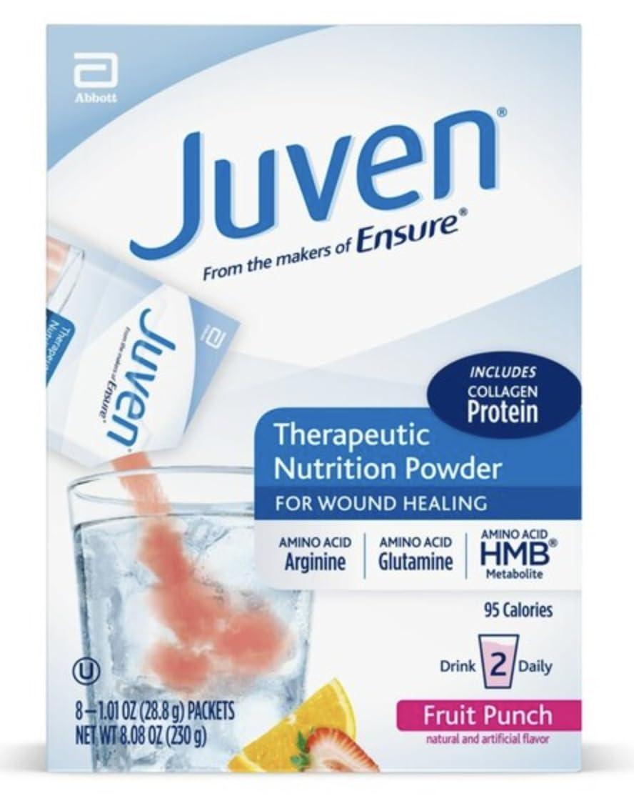 Juven fruit punch packet ready to mix for daily wound-support nutrition.