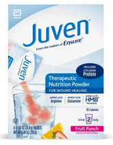 Juven fruit punch packet ready to mix for daily wound-support nutrition.