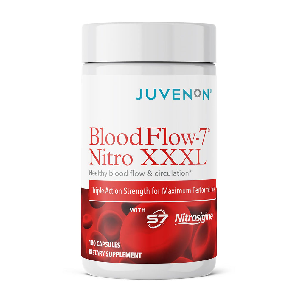 Juvenon BloodFlow-7 bottle front view showing Nitrosigine support for workouts.