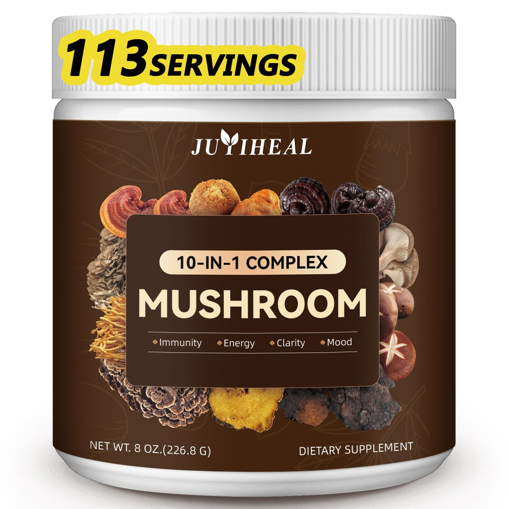 JUYIHEAL 10-in-1 mushroom powder bottle ready for daily energy and focus.