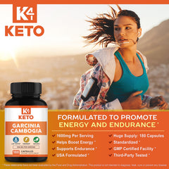 Close-up of K4 Keto Garcinia Cambogia capsules with 1600 mg dose