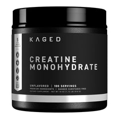 Kaged Creatine Monohydrate tub in kitchen, ultra-soluble formula for smoother workouts.