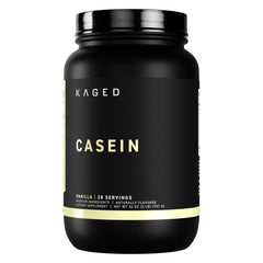 Kaged Kasein Vanilla bottle shows 28 servings for overnight protein support