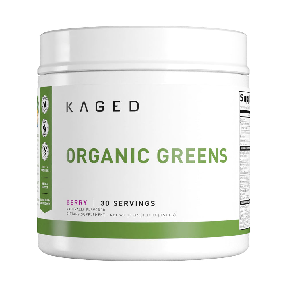 Kaged Organic Greens Outlive100 Berry bottle showing vibrant powder for daily vitality
