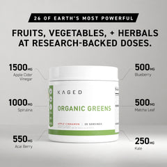 Kaged Organic Greens tub label highlighting organic nutrients and clean formula