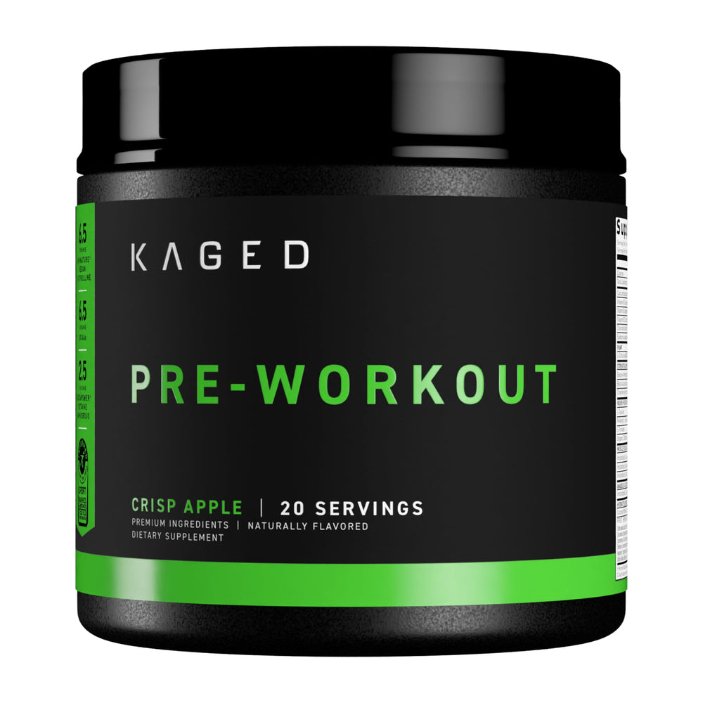 Kaged Original Pre-Workout Krisp Apple bottle front highlighting energy-boosting formula for workouts.