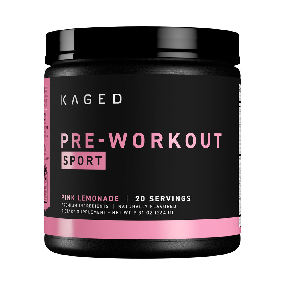 Kaged Sport Pre Workout Pink Lemonade bottle energized for workouts