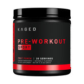 Kaged Sport Pre Workout Powder tub front, designed to boost energy and focus.