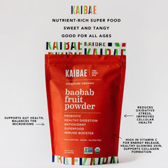 KAIBAE Baobab Powder being poured into a glass for steady energy.