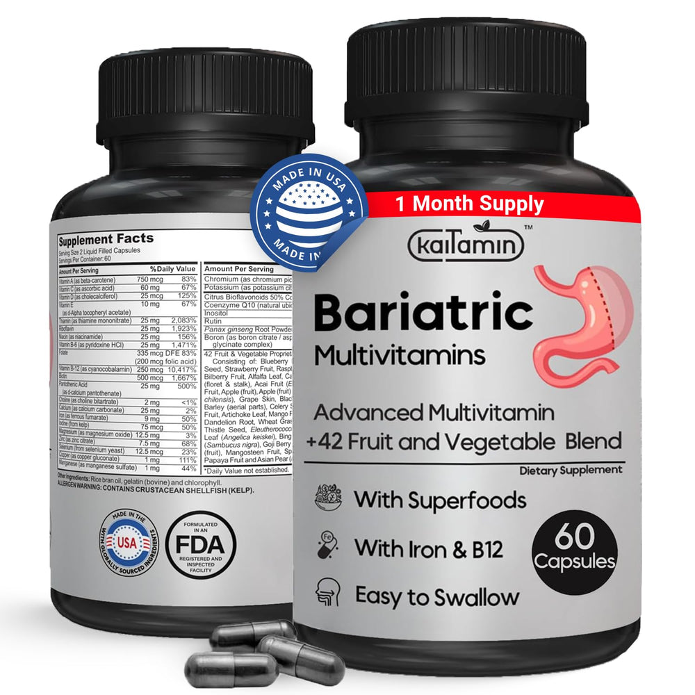 Kaitamin bariatric multivitamin iron bottle demonstrates post-surgery support and energy maintenance.