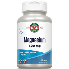 KAL 500 mg magnesium tablets in an eco-friendly bottle may support muscle and nerve function.
