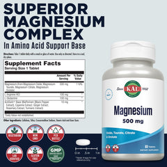 KAL magnesium tablets close-up of the label highlights the 4-in-1 complex for absorption.