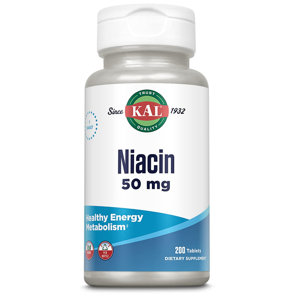 KAL 50 mg Niacin tablets bottle offers daily skin and energy support.