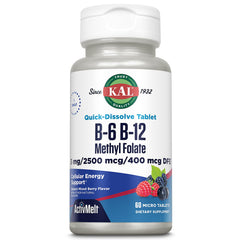 KAL ActivMelt berry-flavored microtabs on a table, quick-dissolving formula for on-the-go use.