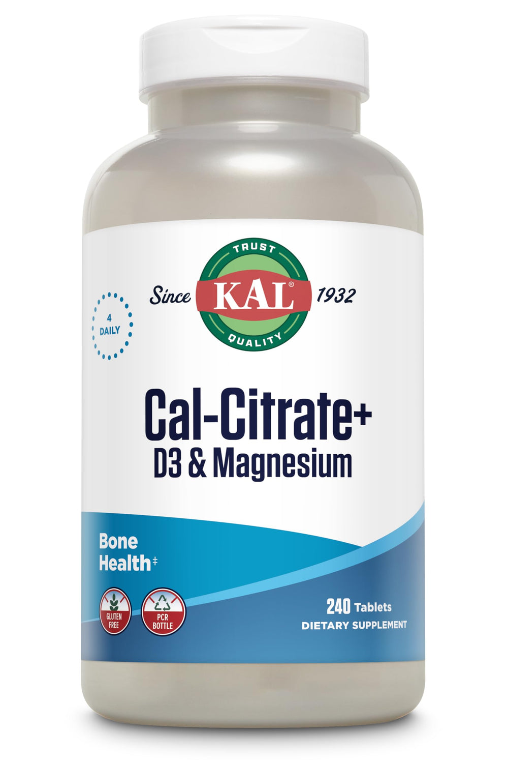 KAL Cal-Citrate+ bottle front showing brand and mineral blend for bone support.