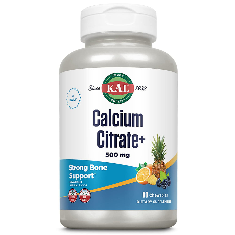 KAL Calcium Citrate + Mg + D3 bottle shown for easy daily bone support in a fruity chewable form