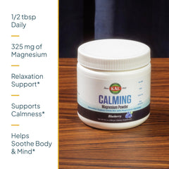 KAL Calming Magnesium Powder blueberry label highlighting vegan and gluten-free
