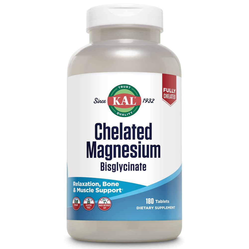 KAL Chelated Magnesium Bisglycinate bottle; supports relaxation as a daily supplement