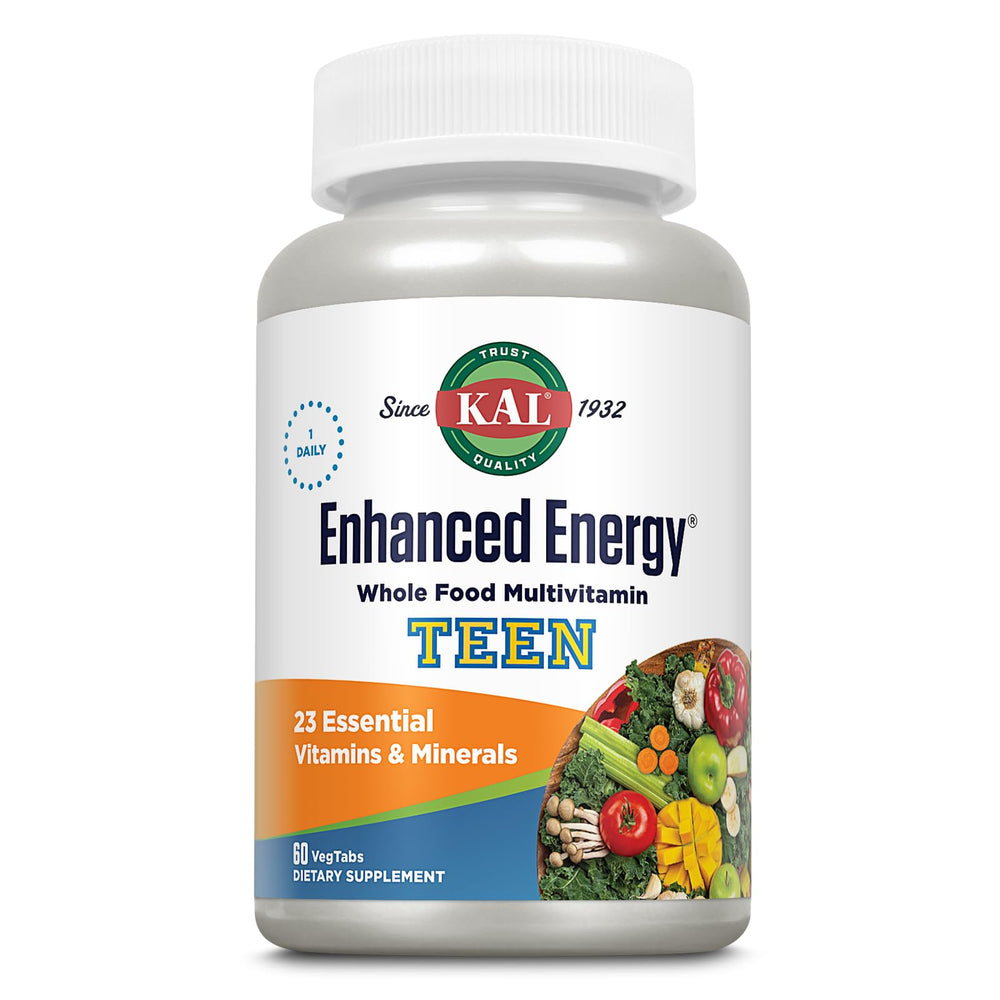 Kal Enhanced Energy for Teens tablets bottle front, easy daily energy support.