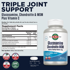 KAL Glucosamine Chondroitin MSM bottle label highlights joint support formula for mobility.