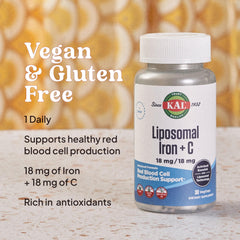 KAL Liposomal Iron with Vitamin C label emphasizes enhanced iron delivery