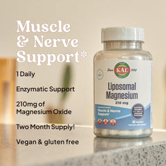 KAL Liposomal Magnesium Oxide pour suggests simple daily supplementation for muscle support.