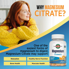 KAL Magnesium Citrate Gummies closeup texture highlights chewy citrus flavor and pleasant bite