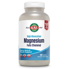 KAL Magnesium Glycinate tablets in bottle, high absorption for nerve and muscle support.