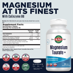 KAL Magnesium Taurate Plus bottle emphasizes vegan, gluten-free tablets