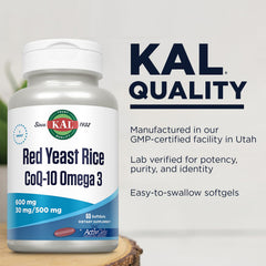 Kal Red Yeast Rice COQ10 Omega 3 packaging shows nutrition facts.