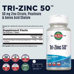 KAL Tri Zinc 50mg bottle label close-up highlights zinc forms included