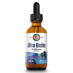 KAL Ultra Biotin bottle with dropper for daily hair and nail support.