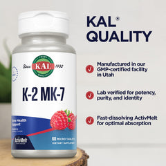 KAL Vitamin K2 MK7 bottle front view highlights vegan and gluten-free design.