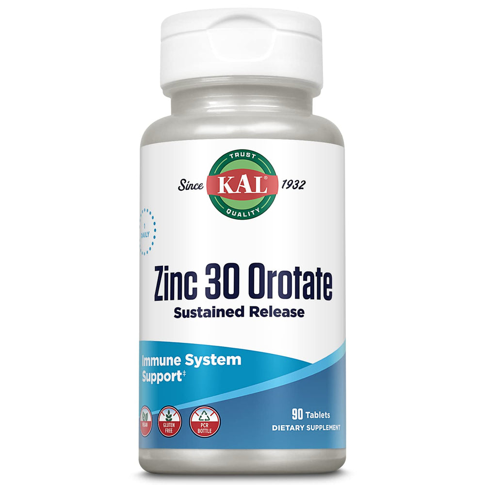 KAL Zinc Orotate 30mg bottle showing 90 servings for ongoing zinc support