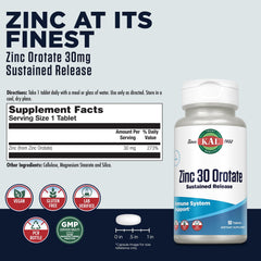 KAL Zinc Orotate 30mg tablets showcased on bottle highlighting sustained-release design