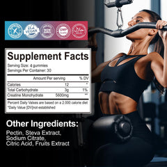 KAOXNU Creatine Monohydrate Gummies raspberry bottle label close-up shows vegan and gluten-free features.