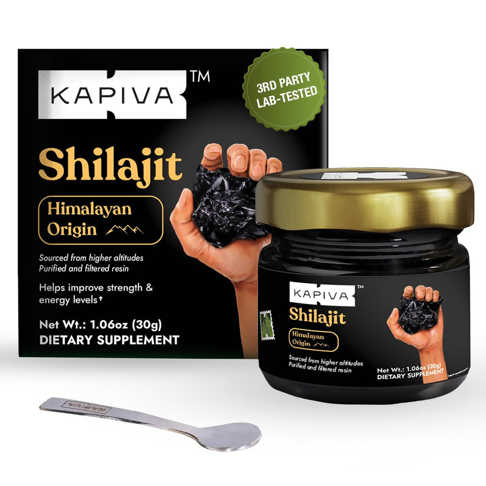 Kapiva Shilajit resin jar close-up showing rich texture and mineral content