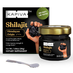 Kapiva Shilajit resin jar close-up showing rich texture and mineral content