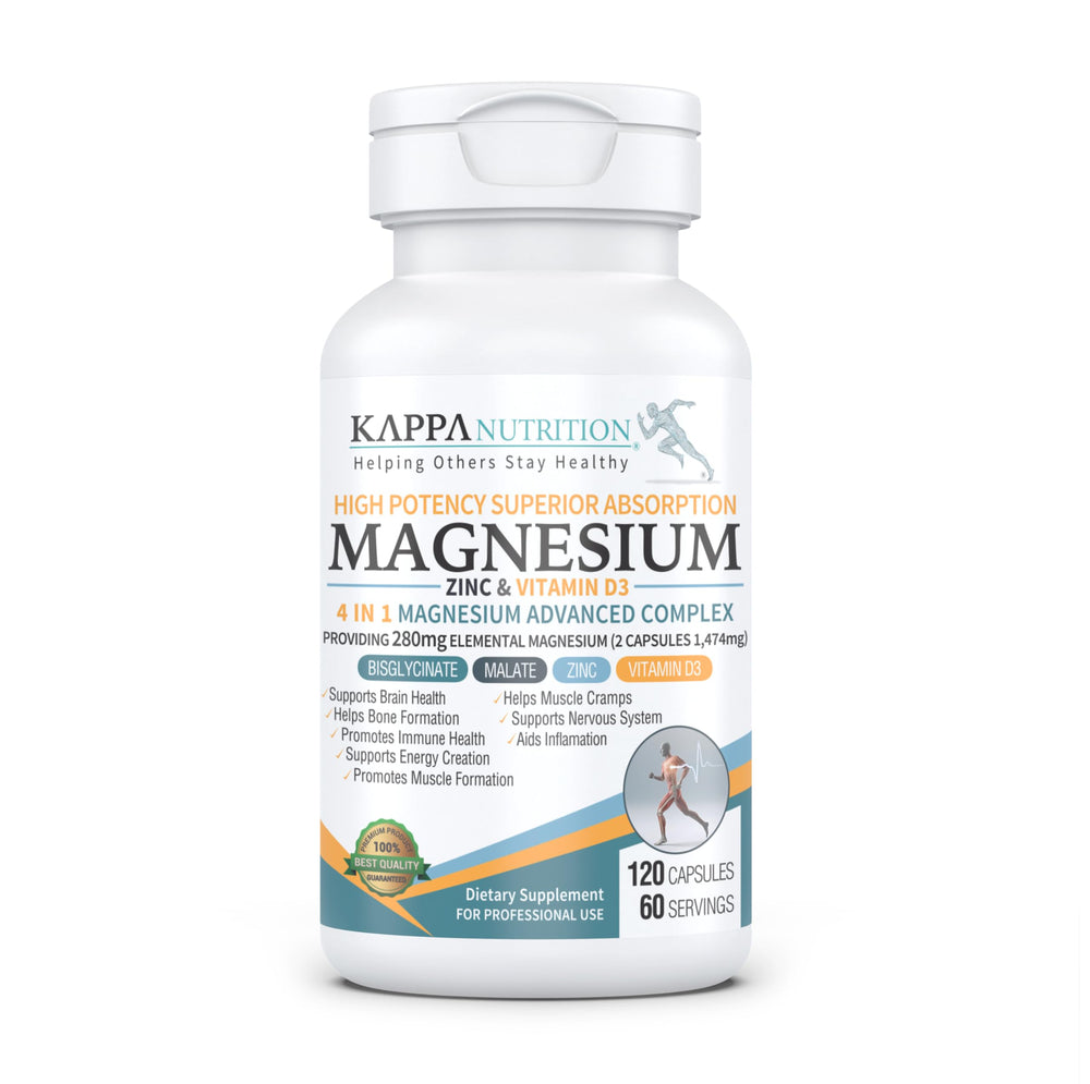 Kappa Nutrition Magnesium 4-in-1 bottle label highlights the vegan formula for daily wellness