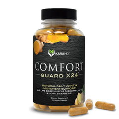 KaraMD Comfort Guard X24 bottle front with clear label showing non-GMO, gluten-free formulation.
