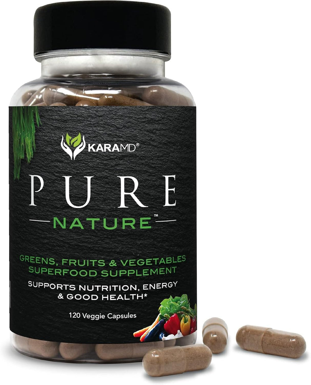 KaraMD Pure Nature greens bottle showing greens and vegetables blend for daily energy.
