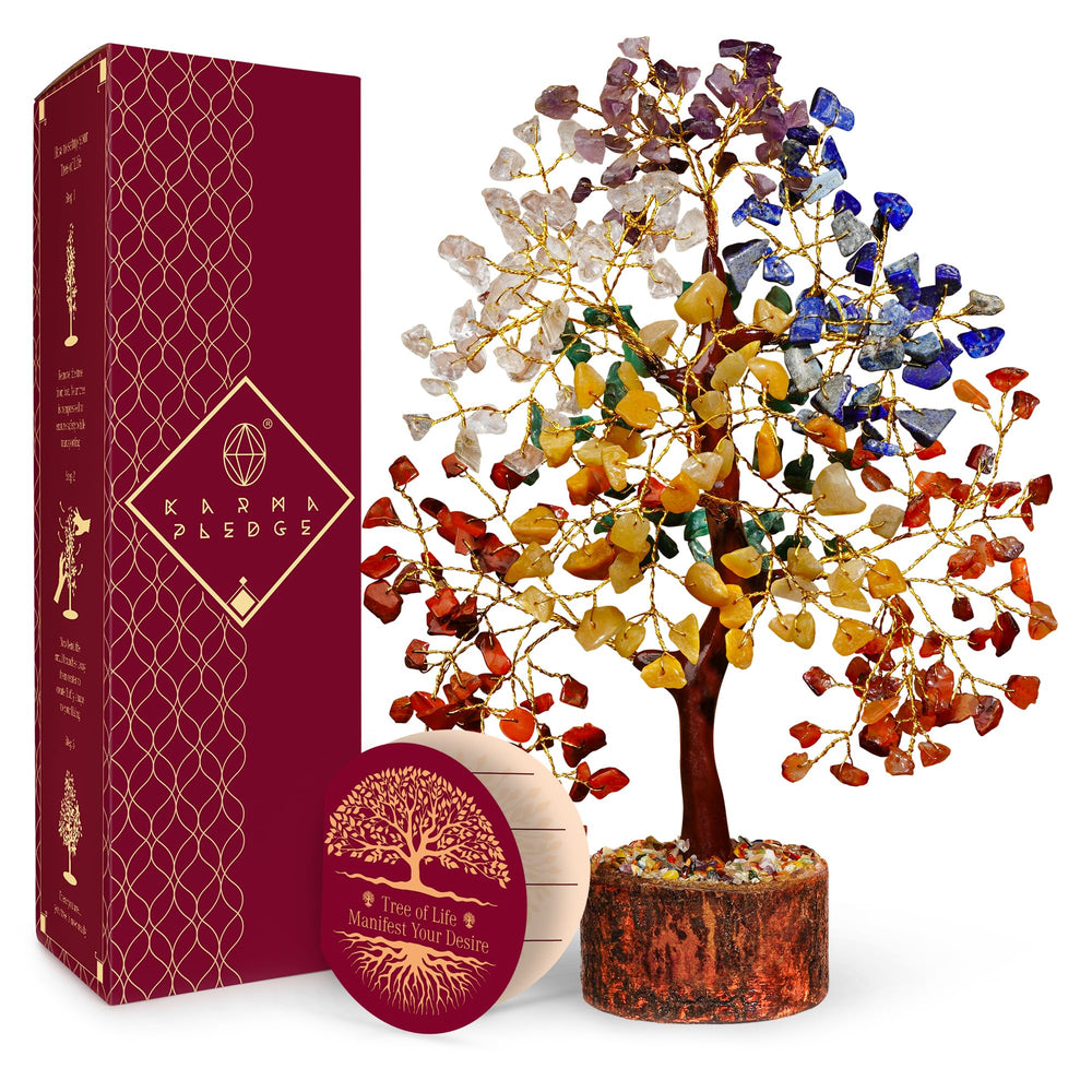 KARMAPLEDGE Manifestation Seven Chakra Tree on wooden base, balance and focus decor