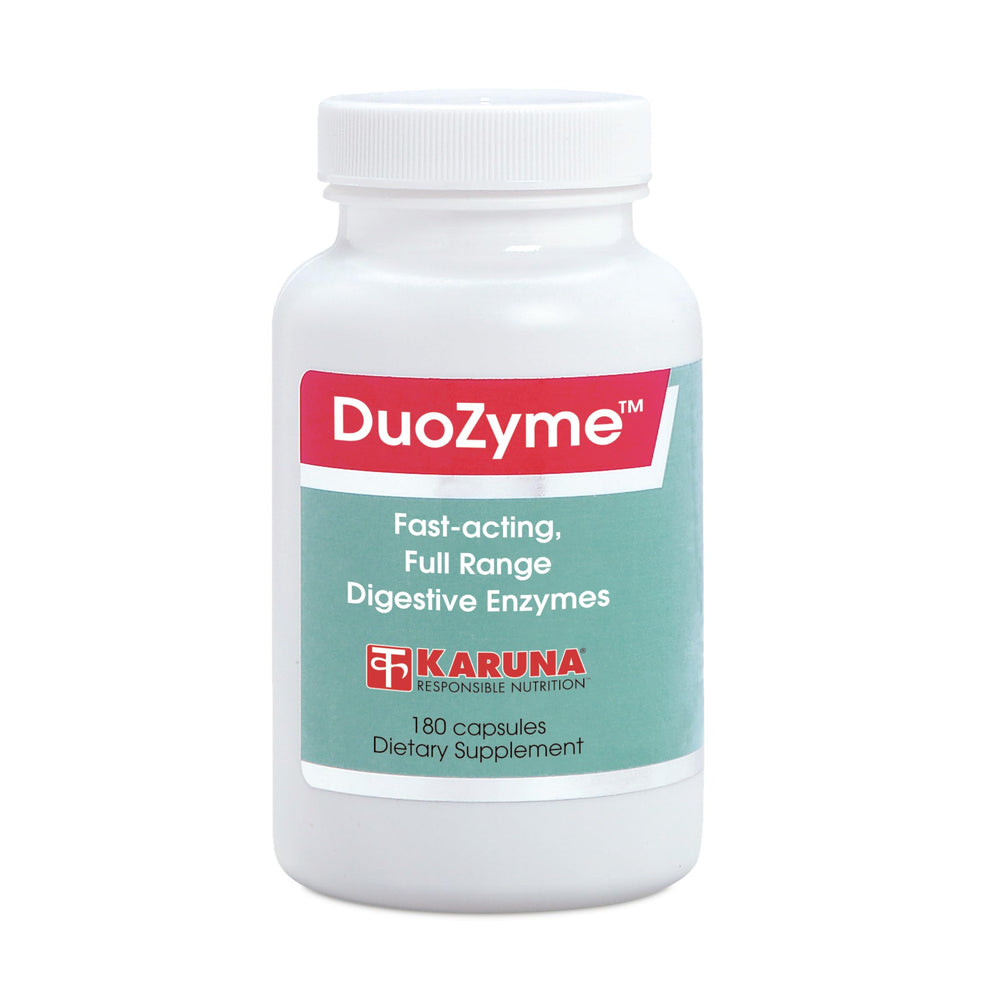 Karuna DuoZyme bottle and label showcasing enteric delivery for supported digestion