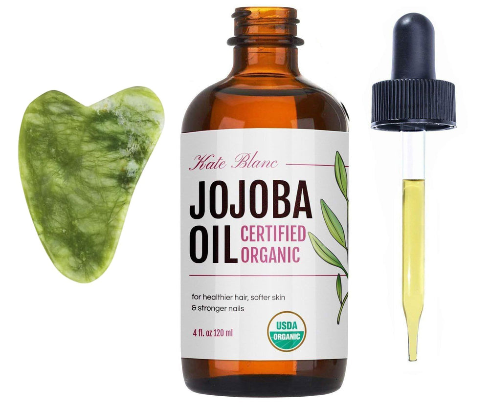 Kate Blanc Jojoba Oil bottle shown for skincare and hair use.